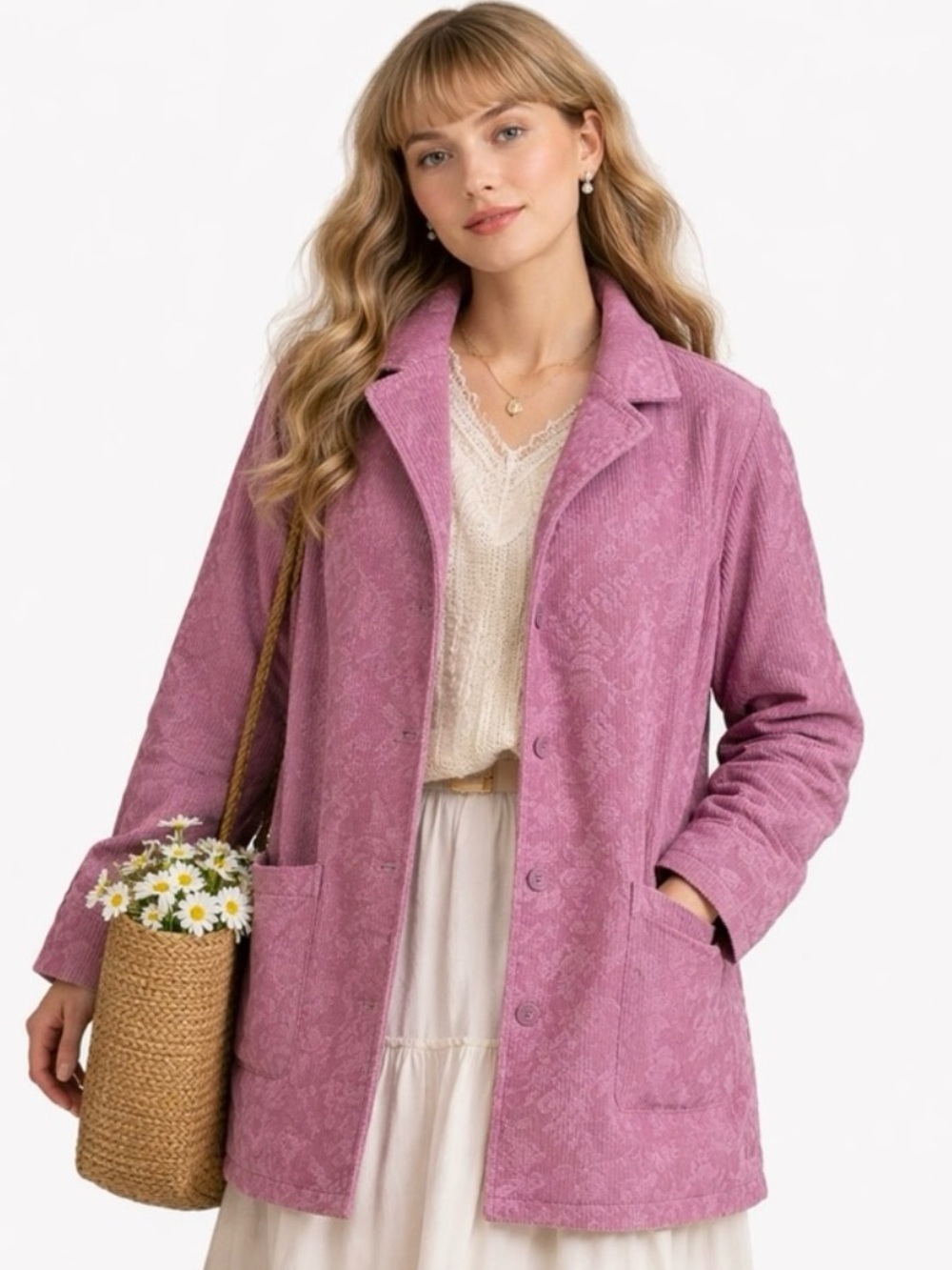 DENIM & Co. Orchid Corduroy Barn Coat Chore Jacket Floral Jacquard Lined Size 2X